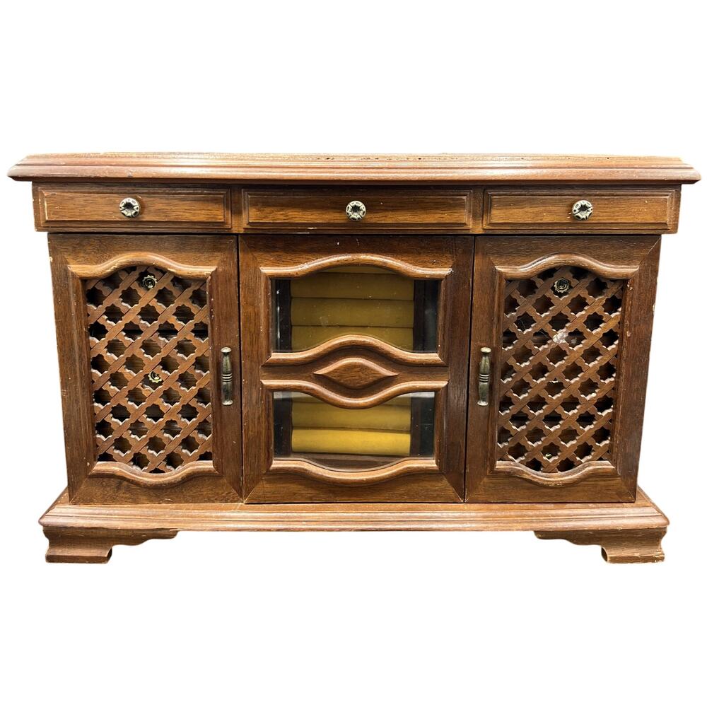 🪵 Vintage Wood Jewelry Box Cabinet Lattice Storage Organizer Retro Vanity Decor